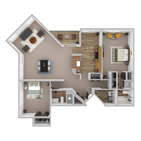 Floor plan for 2 beds, 2 baths, 1305 sqft
